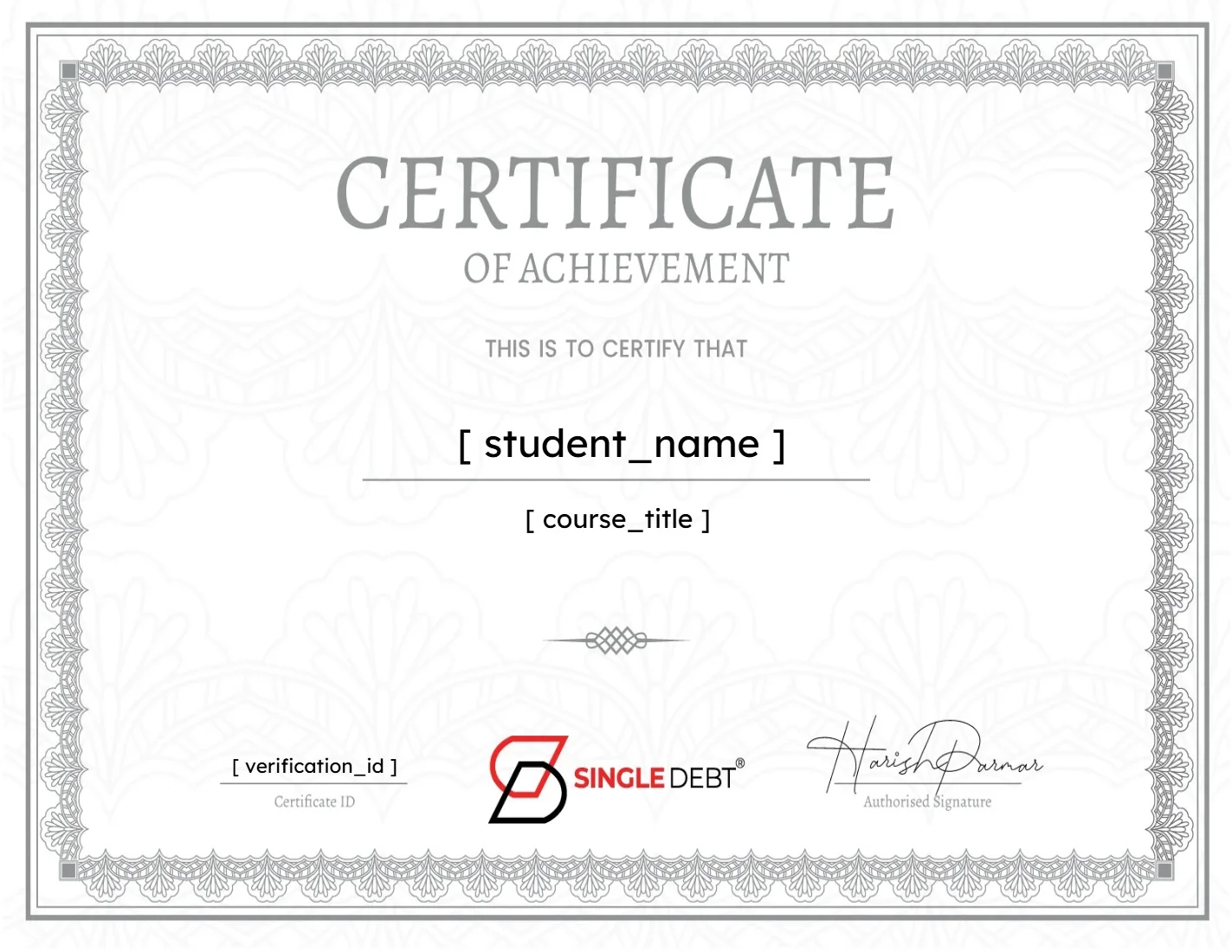 SingleDebt Certificate of Achievement